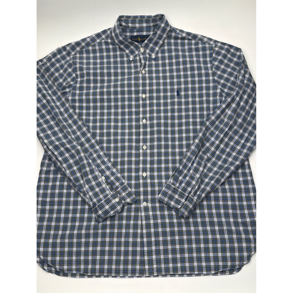 Ralph Lauren Mens Blue Green Plaid Button Down Shirt Long Sleeve Size 17.5 44